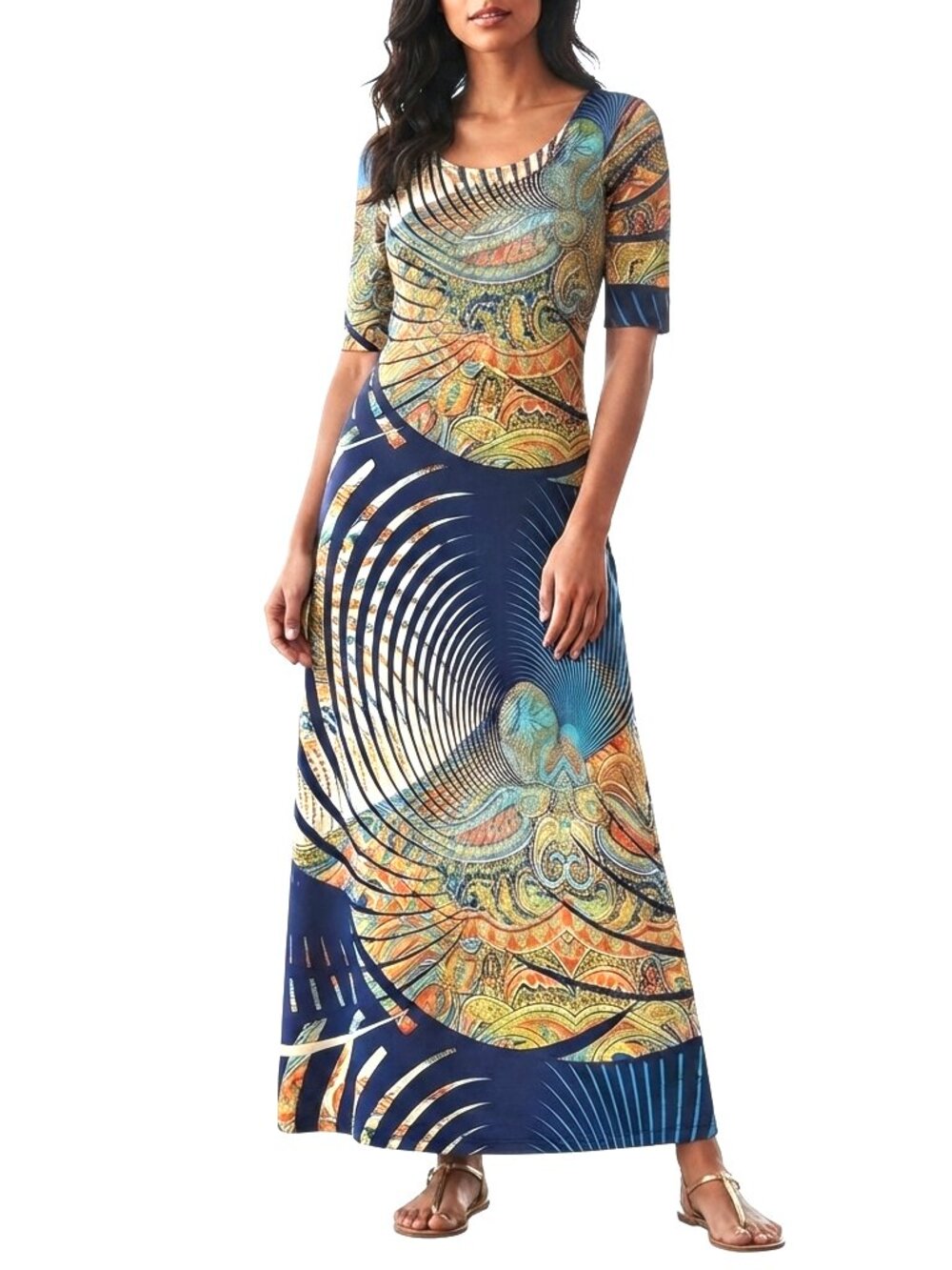 Touch Express Long Maxi Dress (Blue, Green, Orange, Yellow Swirls - Size Large)